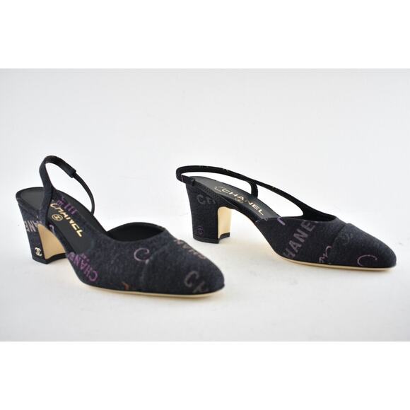 Chanel 22P Mademoiselle Coco Sling CC Black Grey Denim Slingback Sandal Heel 40 - Picture 4 of 12